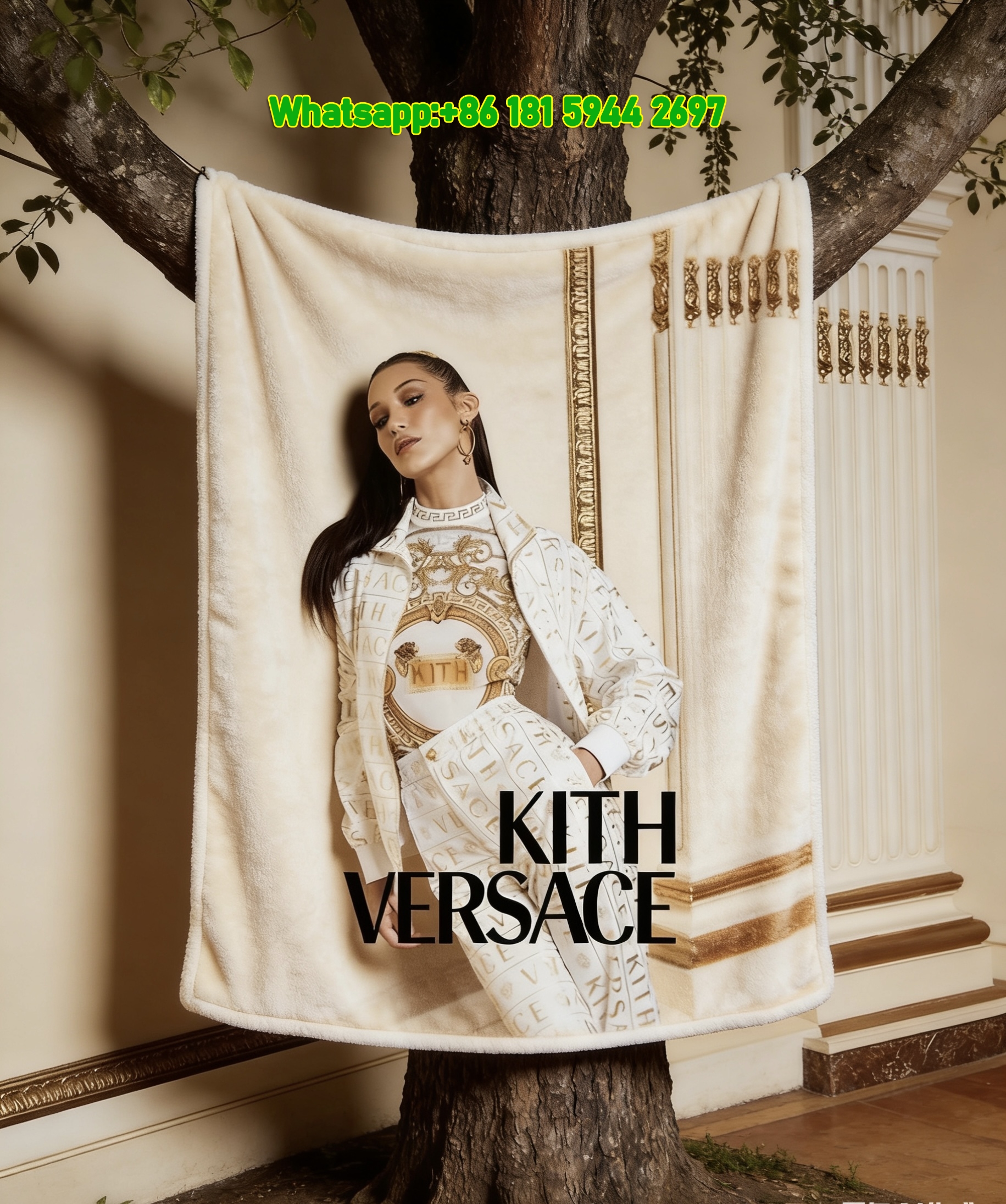 Versace White Gold Kith x Versace Collab Runway Print Flannel Sofa Throw Blanket IMG_1650